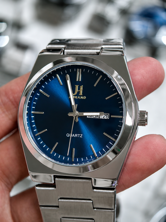 JI BRAND Premium Blue Dial Stainless Steel Quartz Watch for Men | Day & Date Display